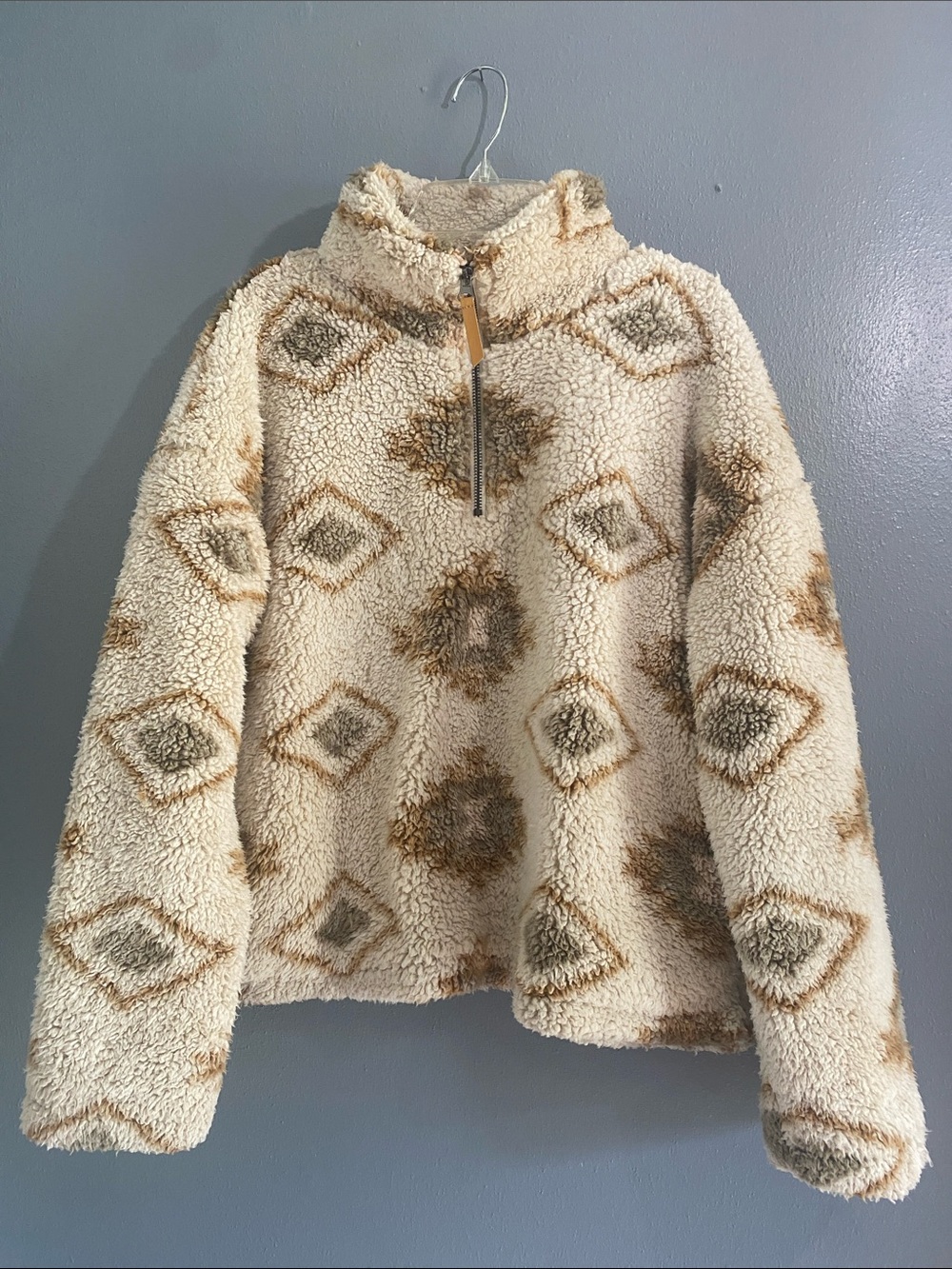 Thread & Supply Cream Sherpa Quarter-Zip Jacket with Brown Pattern